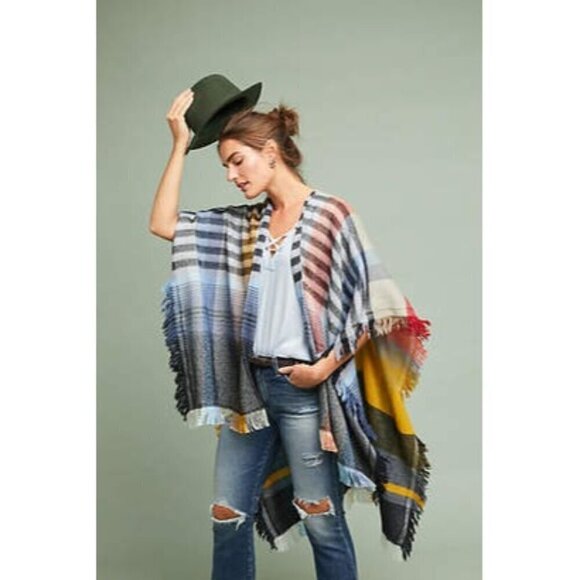 Anthropologie Ruana Wool Multicolor Plaid Pullover Poncho Sweater OS - Picture 1 of 5
